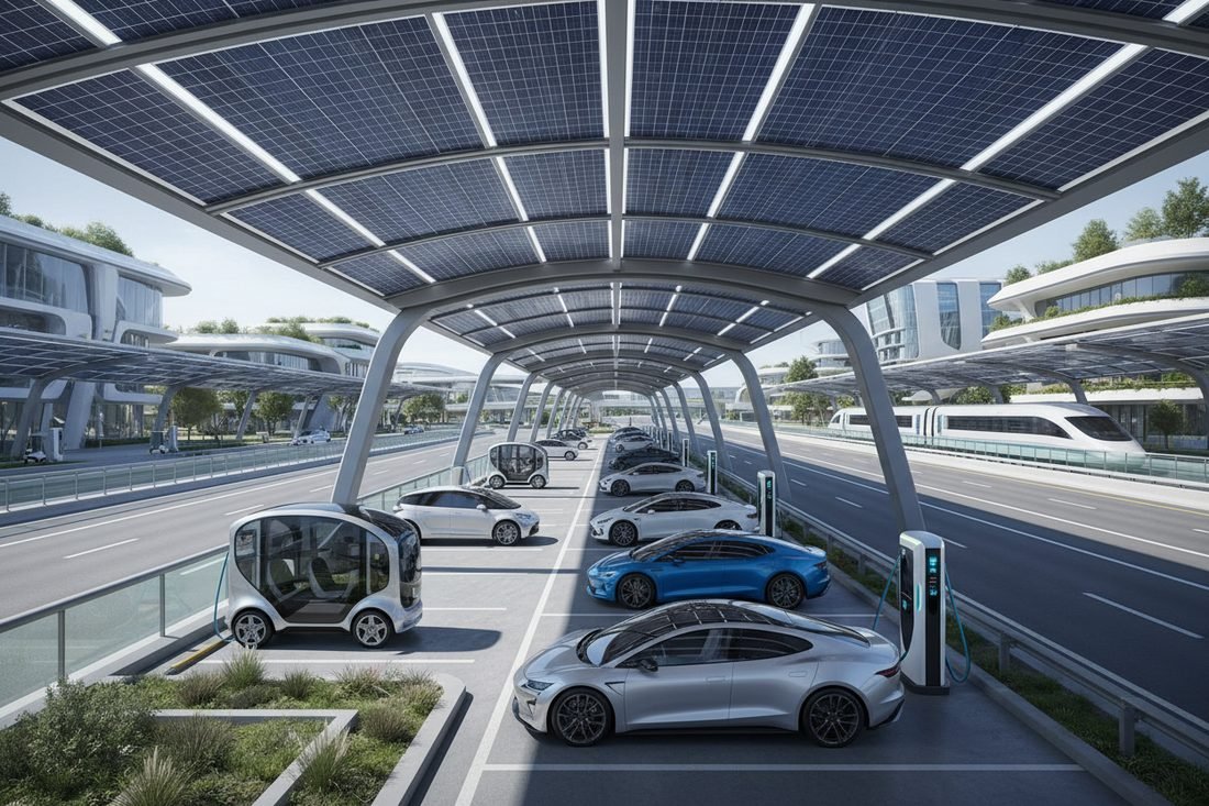 Solar canopy charging plaza beside a highway