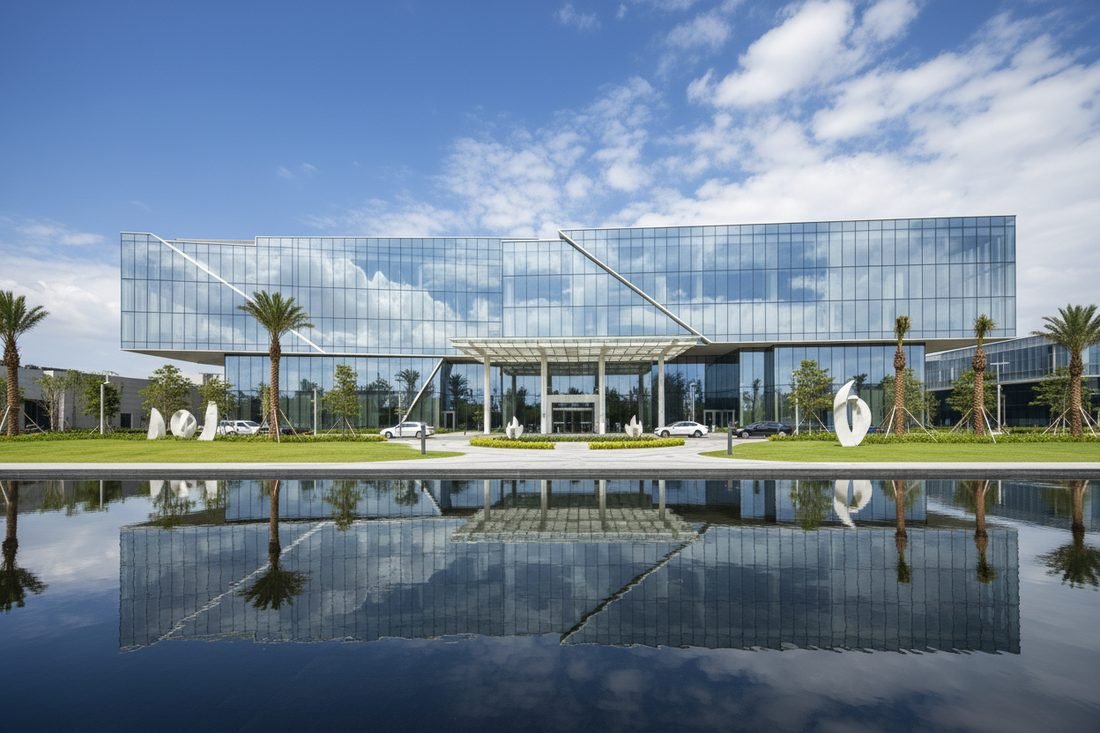 Hospital campus behind a reflecting pool