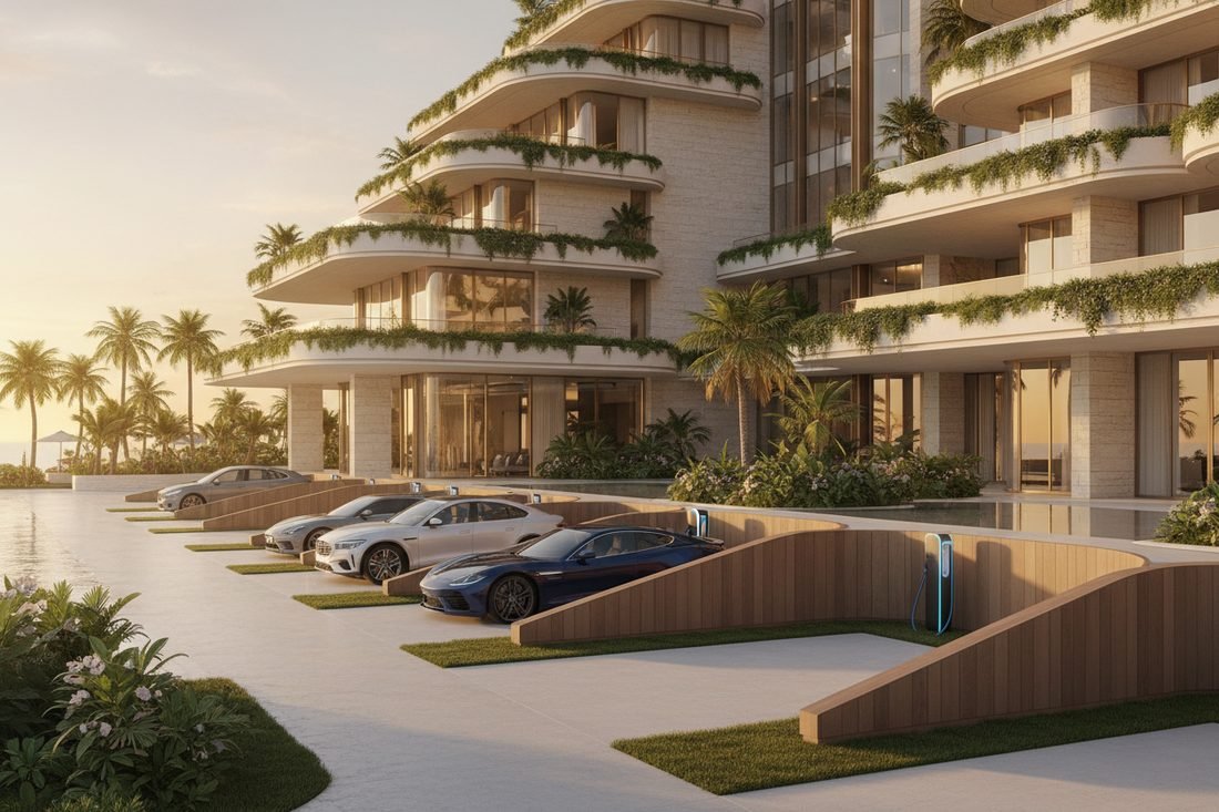 Resort building with chargers beside the guest parking