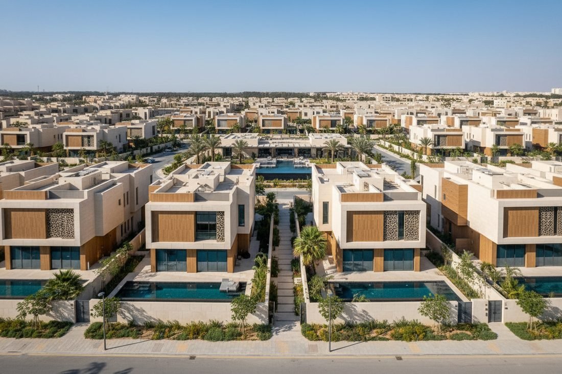 Aerial view of a modern villa community