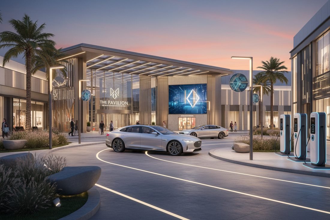 Mall forecourt with a bank of DC chargers at dusk