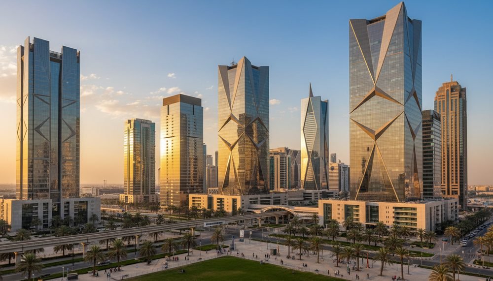 Aerial view of the King Abdullah Financial District towers at sunset
