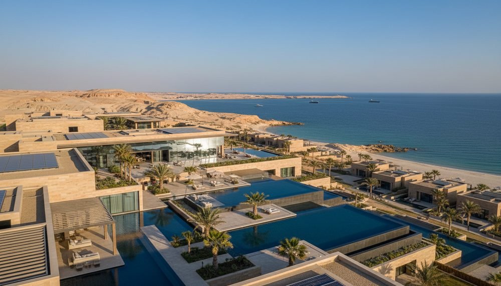 Coastal resort villas and pools on the Red Sea shoreline