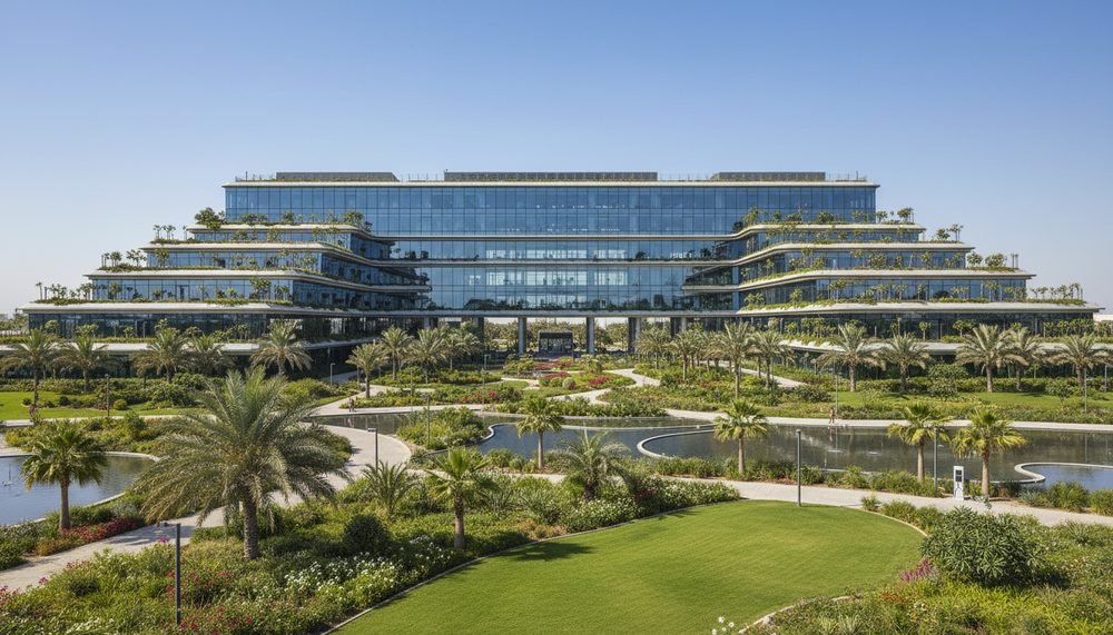 Landscaped corporate campus with a glass facade